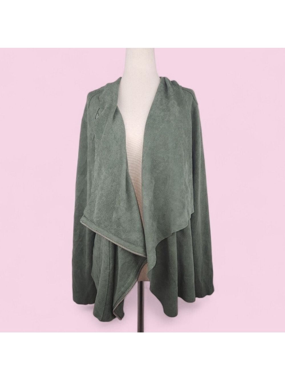 BlankNYC Army Green Asymmetrical Zip Moto Jacket Faux Suede Draped Utility Chic